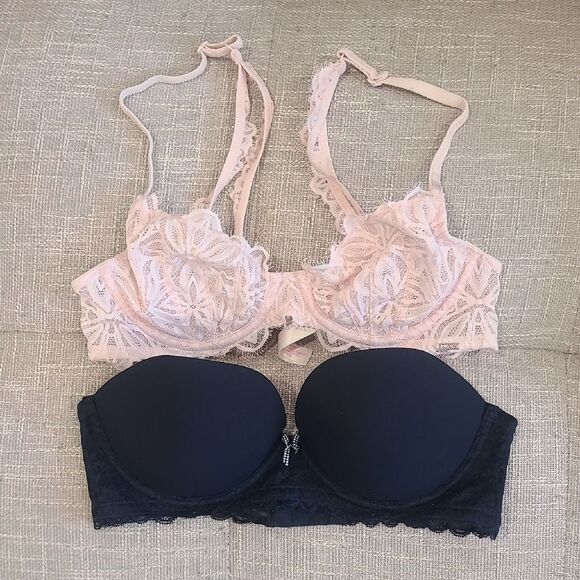 Victoria's Secret Lace Unlined Pink 34B Gilly Hicks Navy Blue Strapless 34C bra - Picture 1 of 4